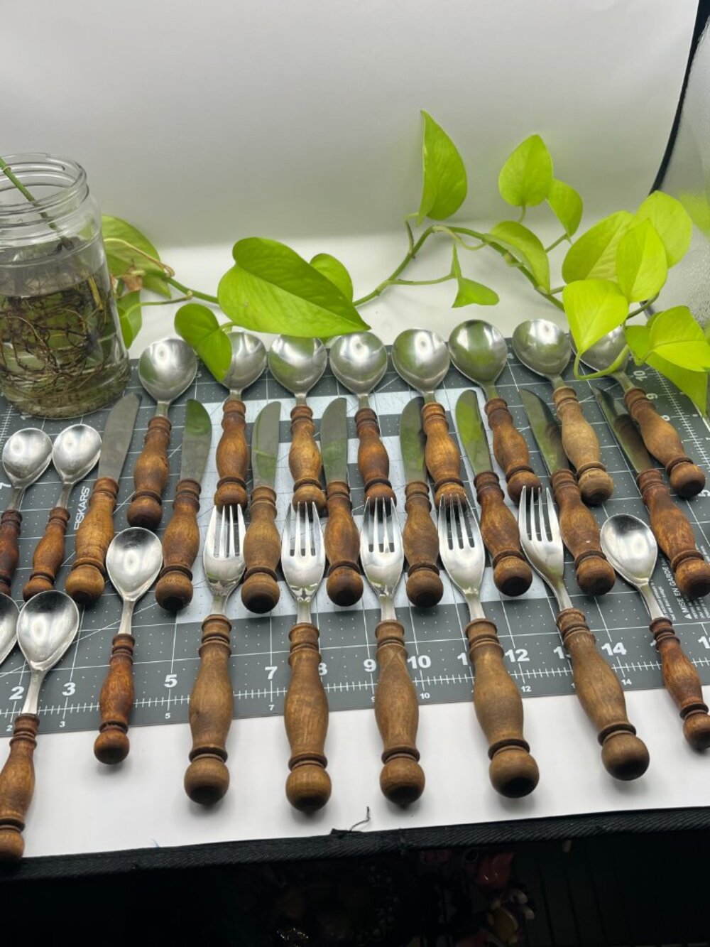 Vintage WMF Cromargan Burgund Flatware German Stainless Steel Hand Turned Teak